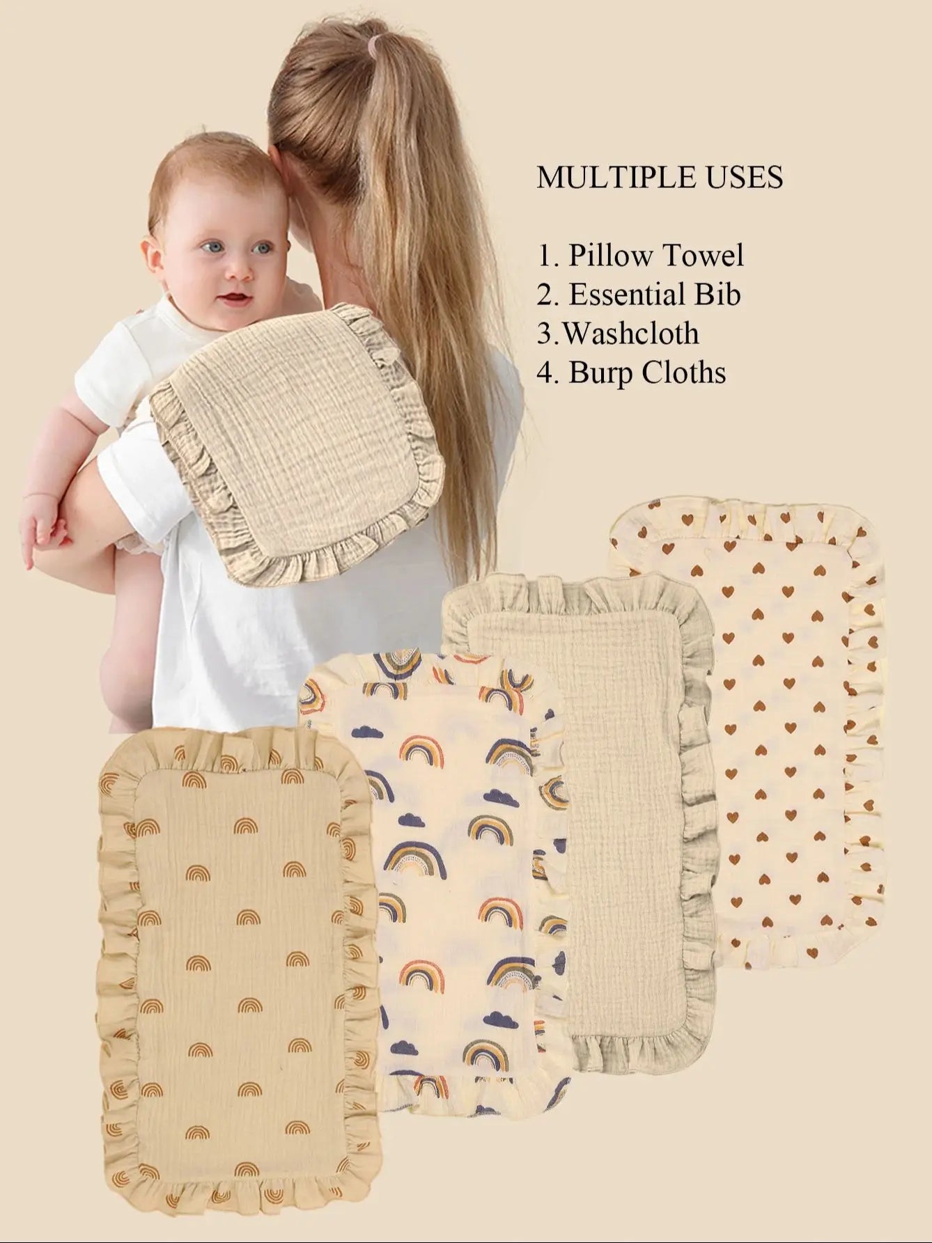 4pcs Soft Muslin Baby Burp Cloths with Ruffles