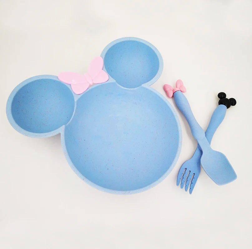 3-teiliges Babygeschirrset aus Weizenstroh mit Cartoon-Muster